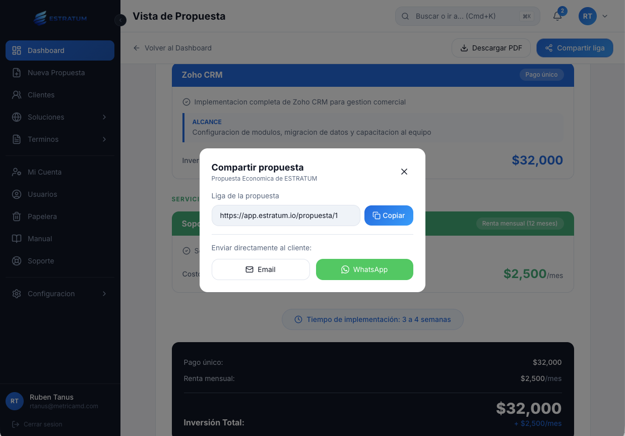 Modal de compartir propuesta por link, email o WhatsApp en ESTRATUM